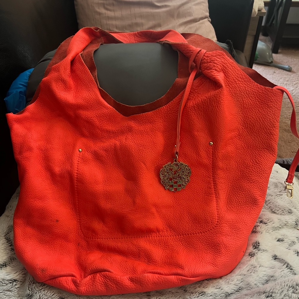 Vince Camuto Orange Leather Tote Bag with Decorative Charm